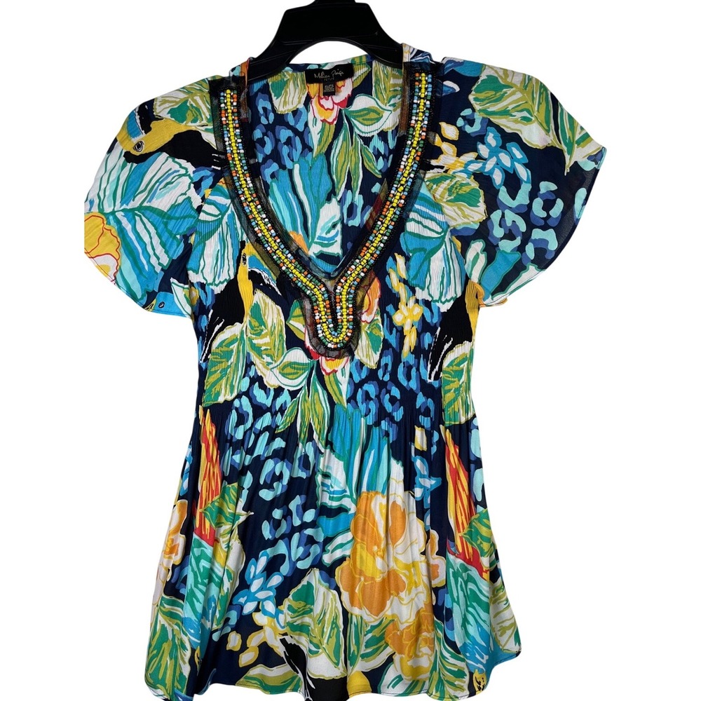 Melissa Paige Blouse Womens PL Blue Excellent Tropical Beaded V-Neck Pleated Top